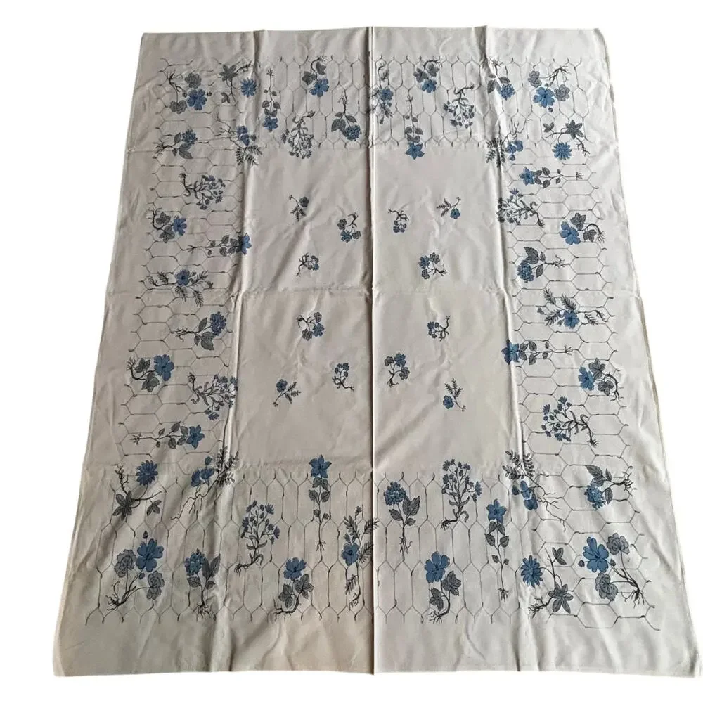 Vintage tablecloth printed cotton rectangle faded PINK blue & gray floral design